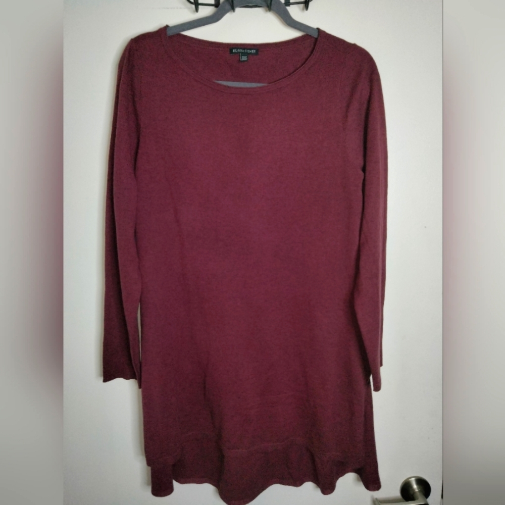 Eileen Fisher (Size M) Maroon Stretch Merino Wool Blend Knit LS Sweater Tunic